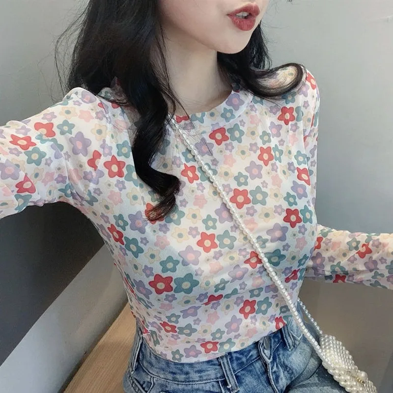 Ruoru Korean Style Kawaii Mesh Top Under Shirt New Harajuku Aesthetic Cute Ladies Tops T Shirt Long Sleeve Mesh Top Dropshipping