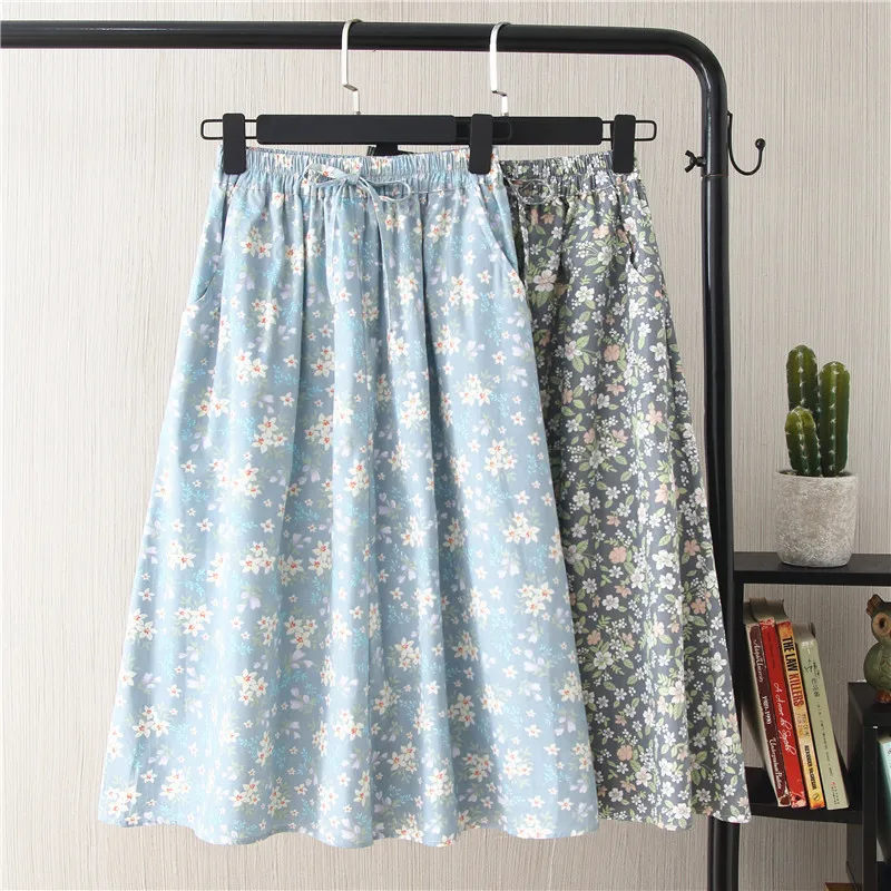 KOLNOO New 2022 Summer Womens Korean Dress A-Line Mid-Length High Waist Skirts Cotton&Linen Floral Print Party Fashion Clothes