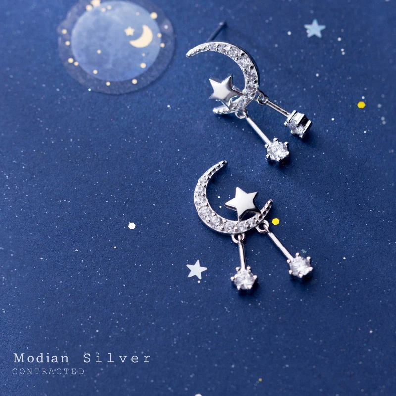 

Modian Moon & Stars Swing Zircon Stud Earrings 100% 925 Sterling Silver Luxury Romantic Earring For Women Christmas Jewelry Gift