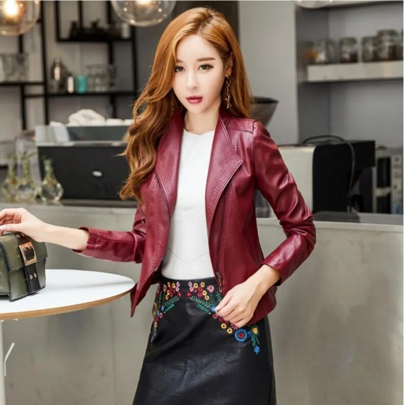 High Quality 2023 Lady Spring Black Leather Jacket Stand-up Collar Zipper Fashion New Plus Size Women's Slim Sheepskin Coat