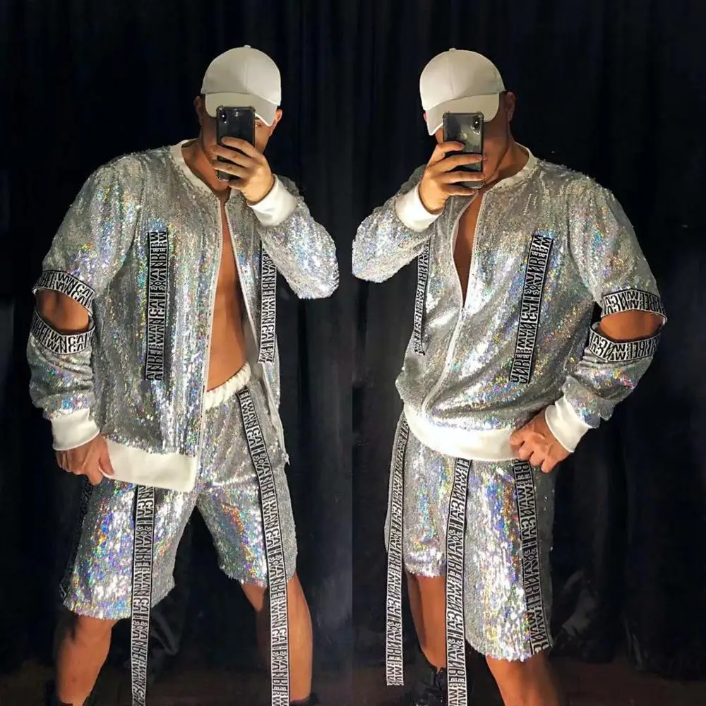 Bar Nightclub Male Street Dance Costume Silver Sequins Baseball Jacket Shorts Hip Hop Dancer Singer Performance 2 Pieces Set