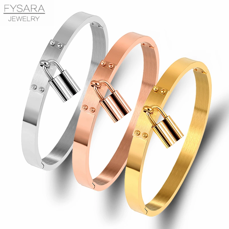 FYSARA Fashion Lock Charm Bracelets Stainless Steel Black Gold Color Metal Buckle Bangles Female Party Simple Jewery