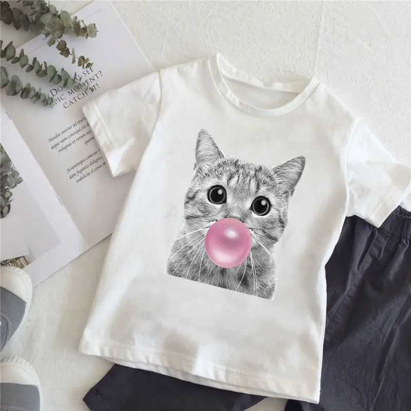 Bubble Gum Cat Funny T shirt For Girls Cute Animals Panda Pig Rabbit Bulldog Kids Tops Baby Boy Clothes Children T-shirt,HKP2059