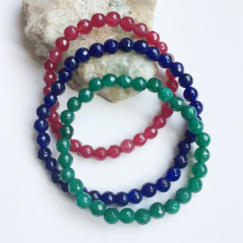 

6MM Faceted Sapphire Emerald Ruby Jade Bracelet Vintage Natural Stone Jewelry Noble Elegant Exquisite Beaded Hand Chain
