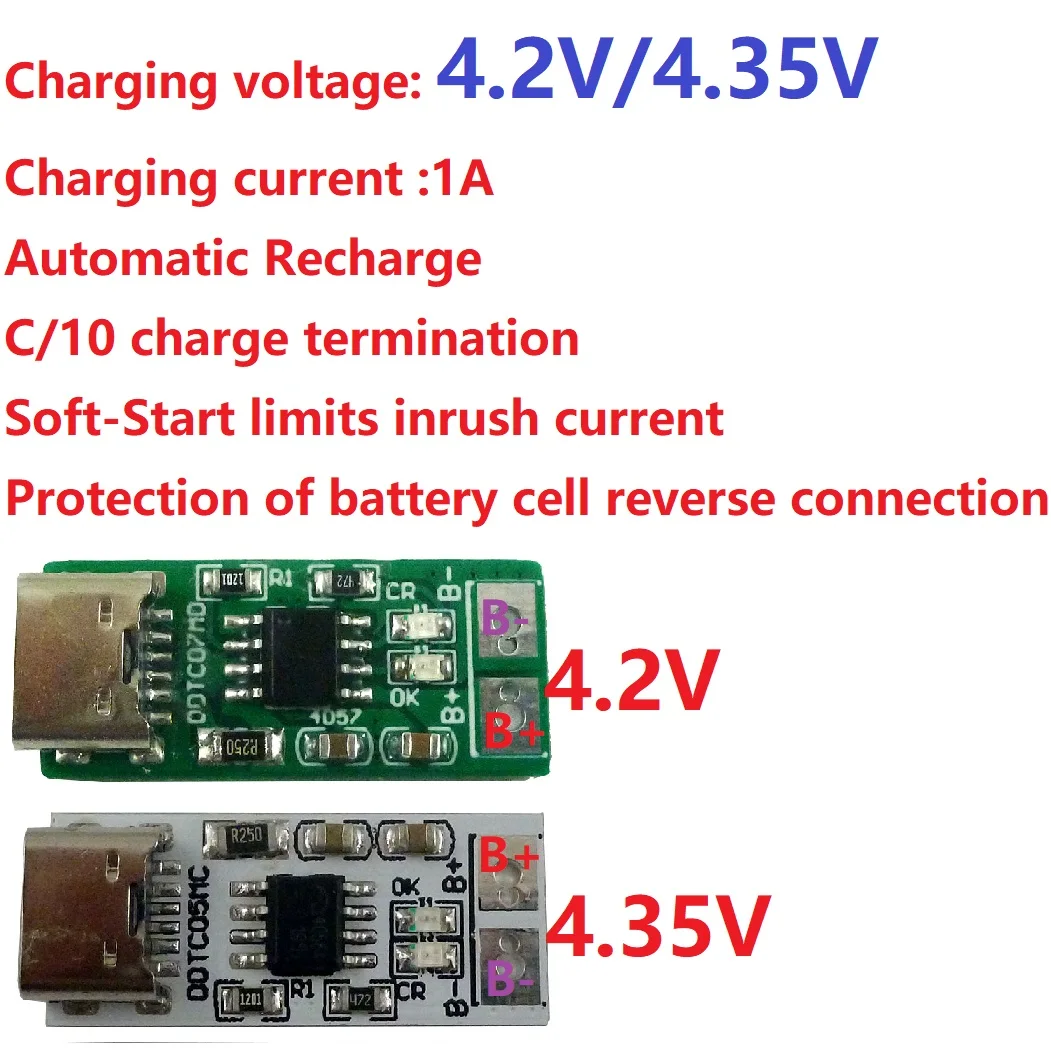 1S Type-C To 4.2V 4.35V Step-down Buck LiPo Polymer Li-Ion Charger for 3.7V 3.8V 18650 Lithium Battery