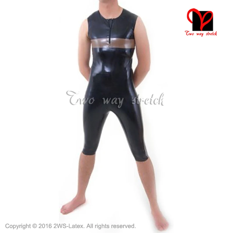 

Sleeveless Two Color Sexy Latex Jumpsuit Zipper Front Unitard Rubber Catsuit Zentai Overall Romper Round Collar Lt-108