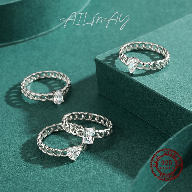 Ailmay Real 925 Sterling Silver Abstract Braided Texture Fashion Geometry Sparkle CZ Rings For Women Romantic Wedding Jewelry