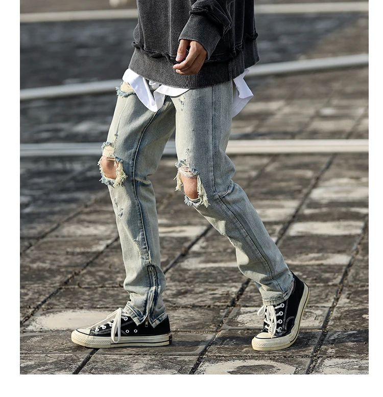 ICCLEK Autumn Retro High Street Jeans Washed Distressed Slim Pants Hip Hop Ripped Jeans Slim Men's Casual Pants Patchwork Jeans
