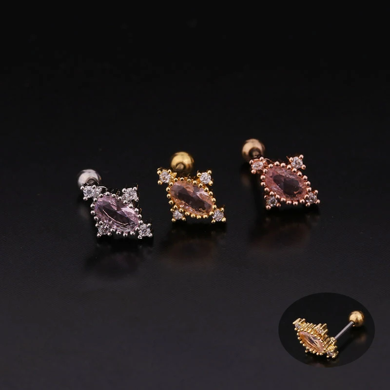 1 шт., высококачественные серьги-гвоздики с розовым цирконием и геометрическим рисунком для пирсинга ушей, модные стальные круглые серьги-гвоздики в форме шара, ювелирные изделия-манжеты для ушного хряща