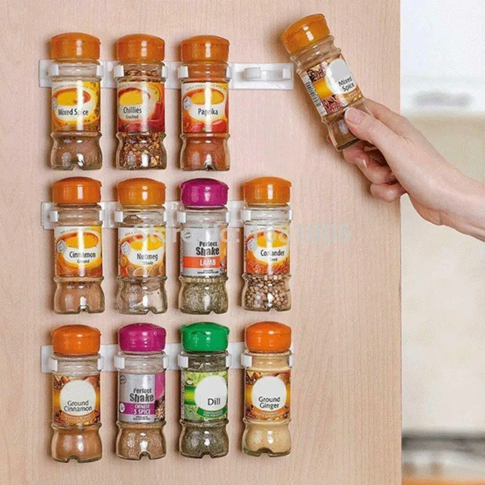 1/4 Pcs Wall Mount Home Kitchen Storage Rack Ingredient Spice Plastic Clip Rack Organizer Accessories Jars Spice Holder Tools