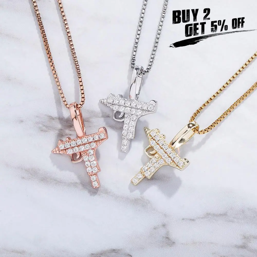 JINAO New 925 Sterling Silver Gun Pendant Necklace High Quality Iced Out Cubic Zirconia Hip Hop Fashion Delicate Jewelry Gift