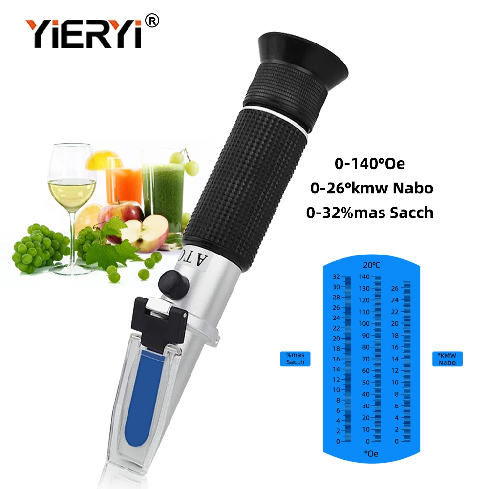 Yieryi Portable 3 in 1 Wine Refractometer 0-140°Oe/0-26°kmw Nabo/0-32% mas Sacch OE Juice Meter Tester with ATC