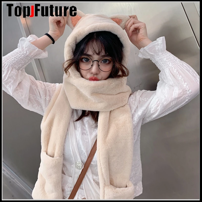 Harajuku Korean Japanese cute girl gloves cat bear ear scarf  hat gloves  one-piece cap winter warm plush shield  birthday gift