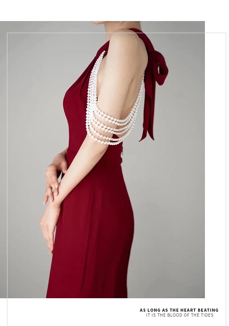 Vintage Wine Red Celebrity Dresses Halter Sleeveless Sexy Backless Pearl Slim Mermaid Female Banquet Trailing Party Evening Gown