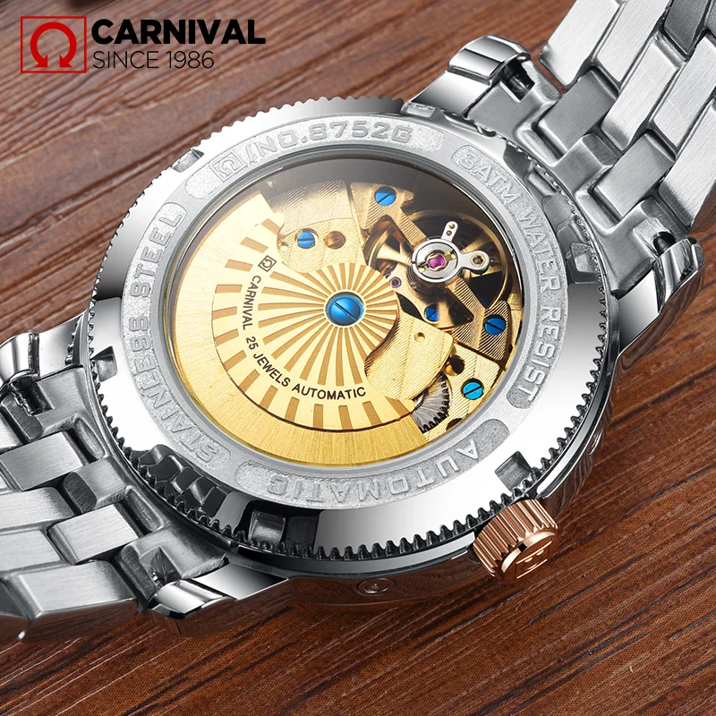 Carnival Brand Fashion Automatic Tourbillon Watch Men Luxury Mechanical Wristwatch Luminous Military Clock Relogio Masculino