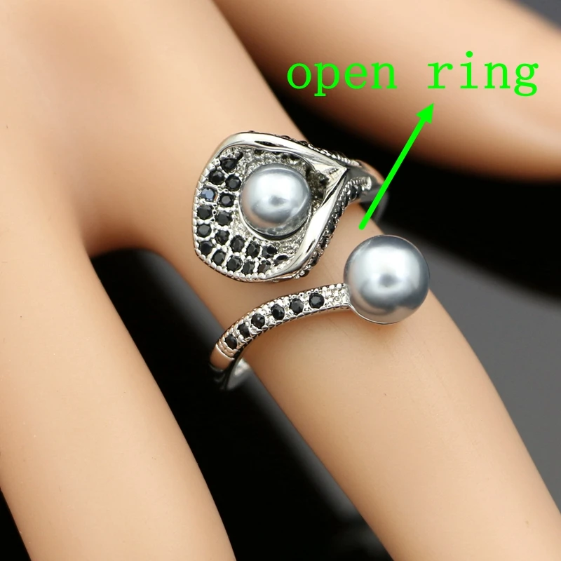 925 Silver Bridal Jewelry Sets Grey Pearl Beads Black CZ For Women Earrings Pendant Necklace Bracelet Open Ring