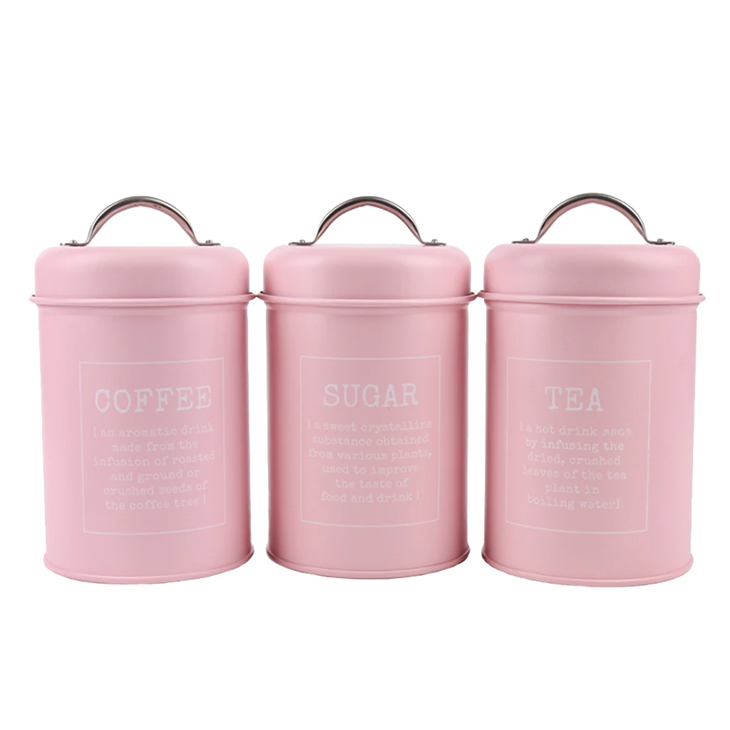 Set of 3 Canister Iron Kitchen Tins Tea Coffee Sugar Storage Container Food Storage Boxes Candy Snack Jars Pink Airtight