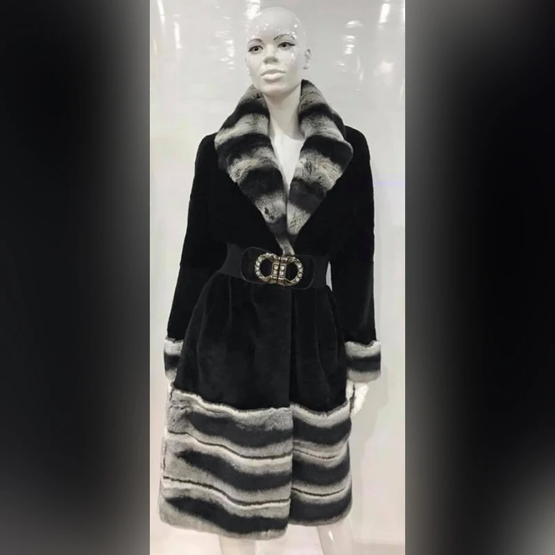 Fashion Black Real Rex Rabbit Fur Coat with Turn-down Collar Natural Women Winter New Full Pelt Rex Rabbit Fur Jacket Woman