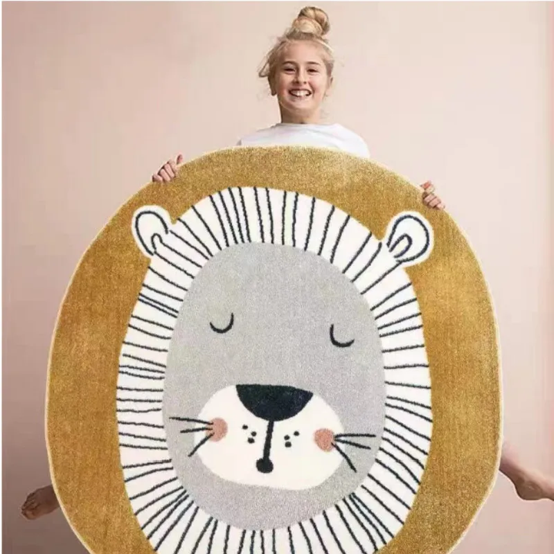 Children Room Cartoon Rugs Round Lovely Lion Bedroom Bedside Baby Crawling Mat Soft Fabric Computer Chair Pad 100x100cm