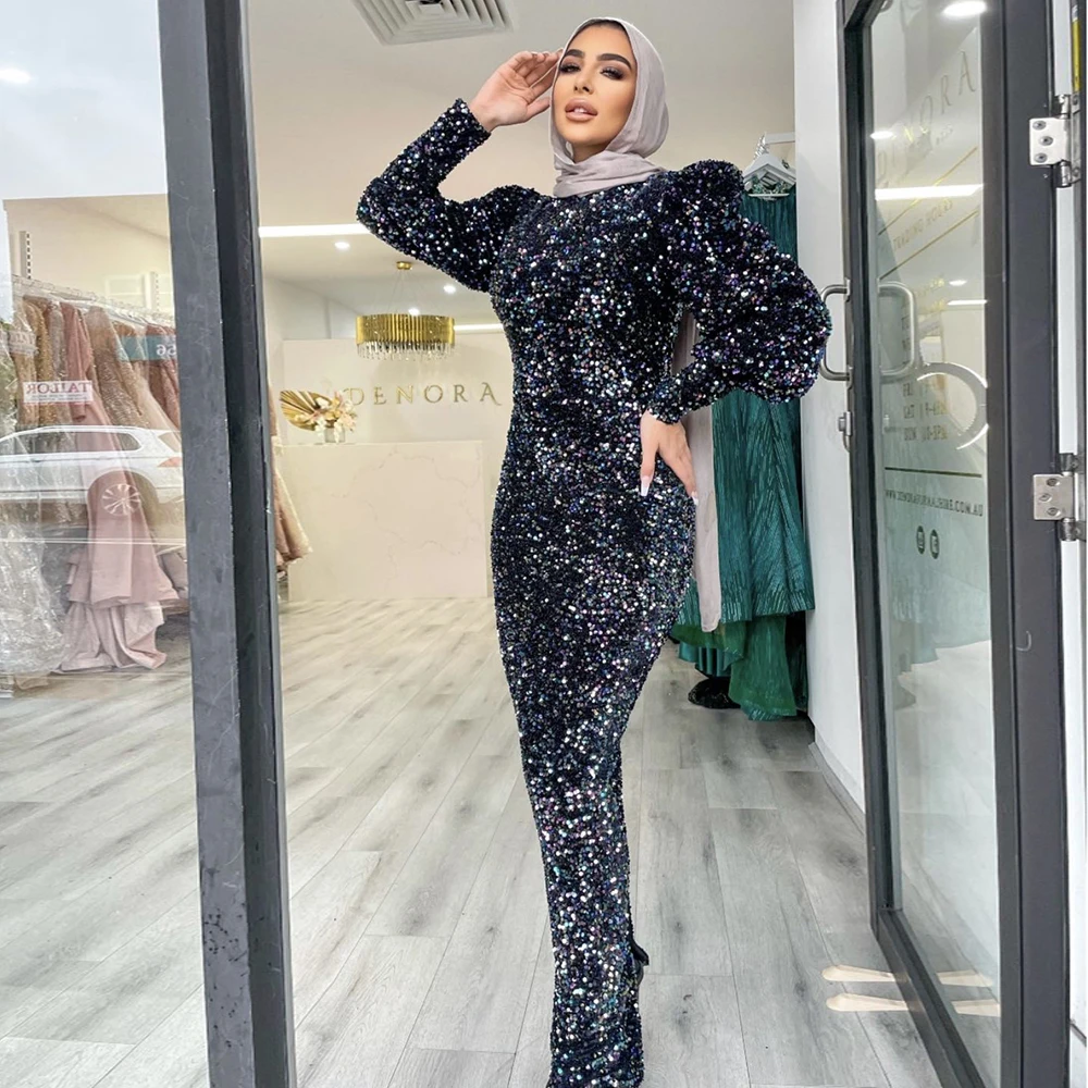 Elegant Muslim High Neck Evening Night Dresses 2023 Long Puff Sleeves Mermaid Velvet Sequin Formal Wedding Prom Party Gowns