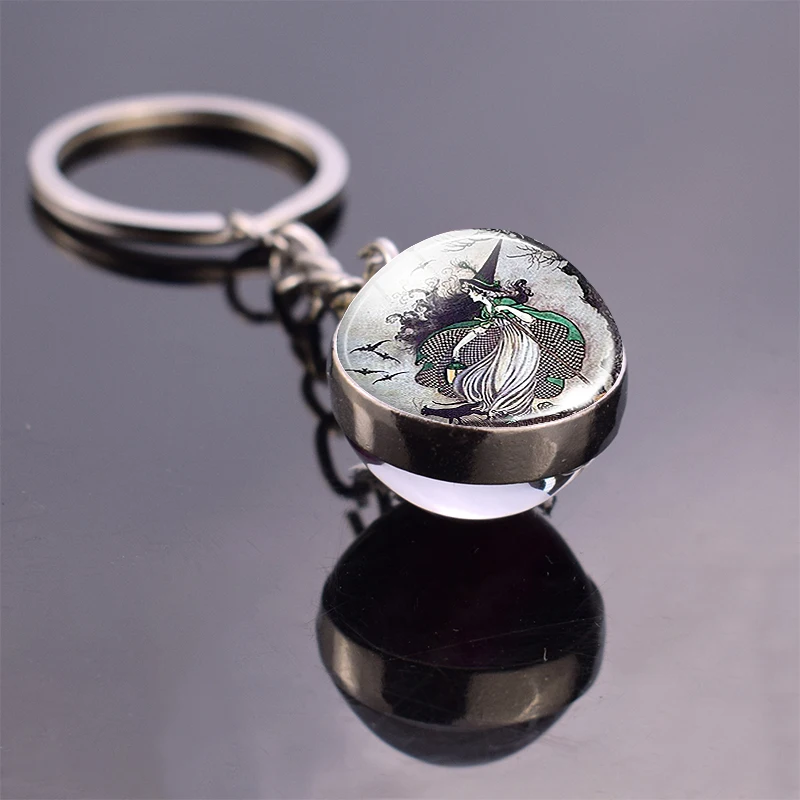 Pumpkin Lantern Witch with Broom Keyfob Black Cat and Bat Picture Glass Ball Keychain Keyring Pendant Halloween Party Jewelry