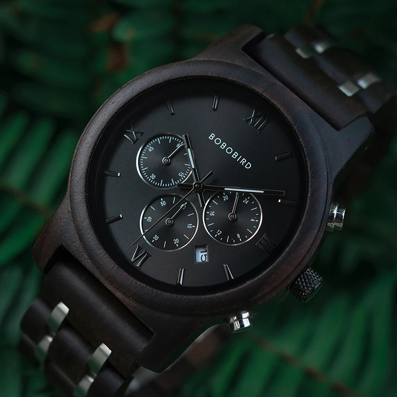 BOBO BIRD relogio masculino Men Watch Chronograph Wrist watch Military Metal Wooden Bracelet Luxury Custom Gift to him Box B-P19