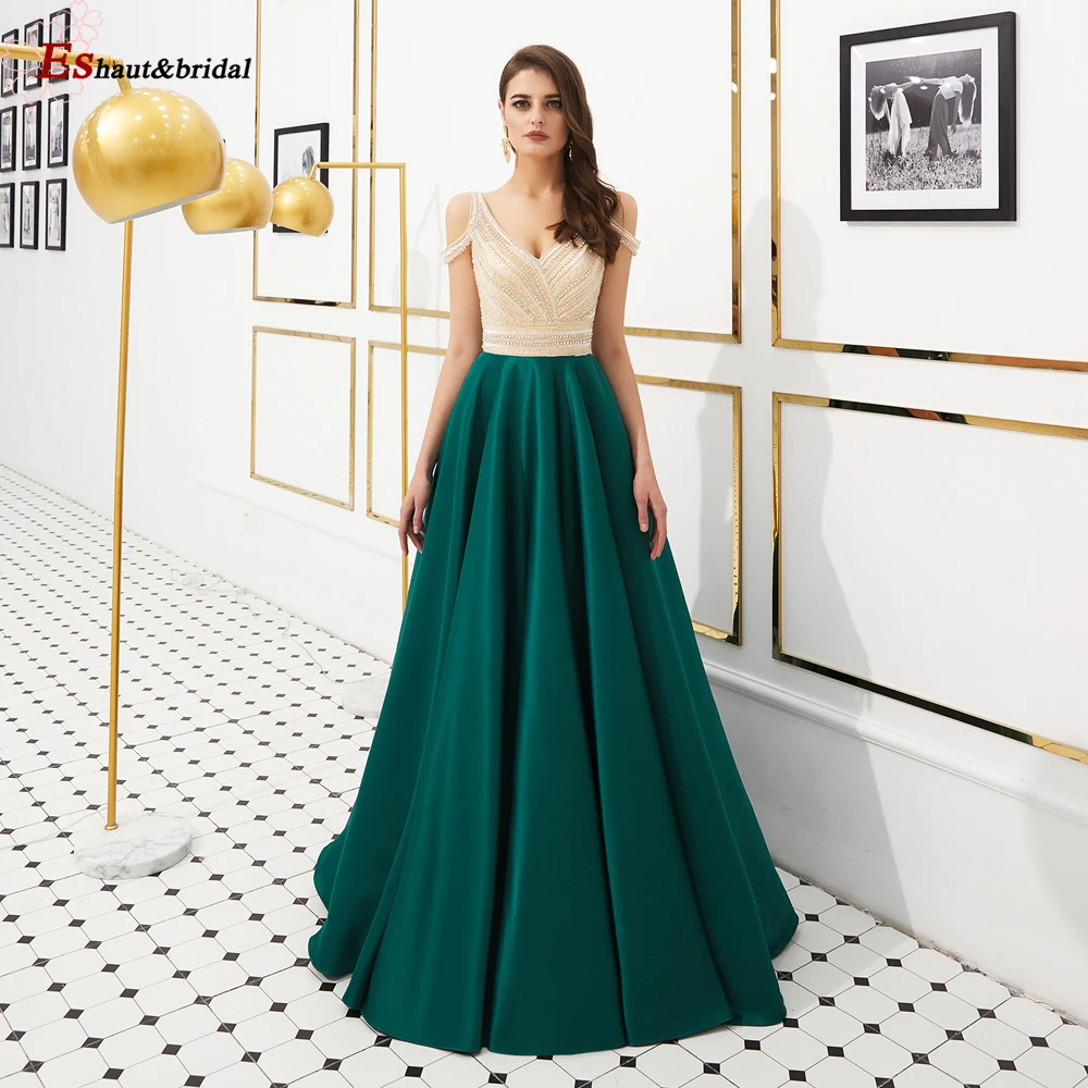 Elegante vestido de noche con cuentas y cuello en V para mujer, Vestido largo de satén con hombros descubiertos, Formal, para fiesta de boda y graduación, 2023