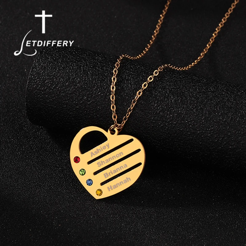 Letdiffery 패션 사용자 정의 새겨진 이름 심장 다채로운 돌 여자 개인 레이저 조각 편지 보석 선물