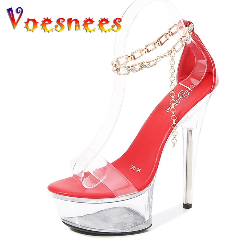 Voesnees Banquet Shoes Women Sandals Summer 2021 New Transparent Clear High Heels  Platform Crystal String Bead Party Shoes