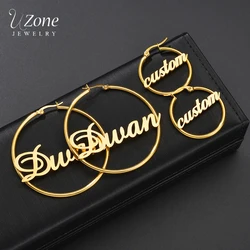 UZone-Brincos de argola com nome personalizado para mulheres, aço inoxidável, carta personalizada, brinco circular para meninas, joias de aniversário, 1 par