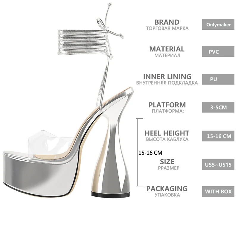 Onlymaker Women Summer Sandals Platform Silver Ankle Strap Spike Heels PVC Female Big Size Handmade Female Sandals