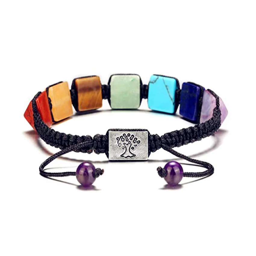 FYJS Unique Silver Plated Tree of Life 7 Colors Square Pyramid Stone Handmade Weave Bracelet Healing Chakra Jewelry