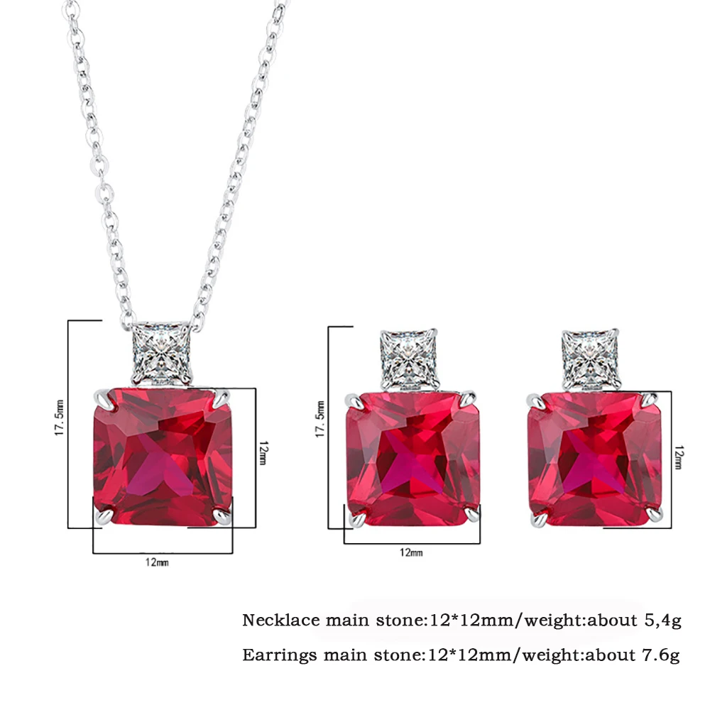 2022 Trend 100% 925 Sterling Silver 12*12mm Ruby Gemstone Necklace Pendant Earrings for Women Charms Wedding Fine Jewelry Sets