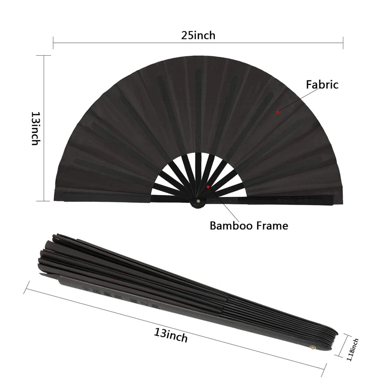 2 Pieces Large Folding Fan Nylon Cloth Handheld Folding Fan Chinese Kung Fu Tai Chi Fan Black Decoration Fold Hand Fan For Party