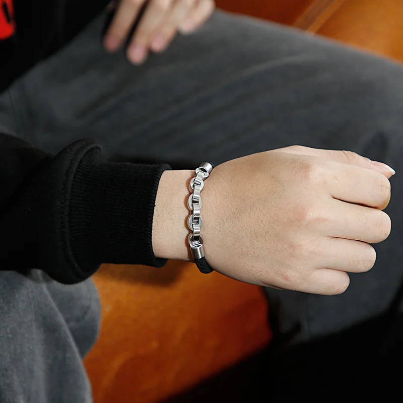 KALEN Fashion Multiple Color Stainless Steel Bracelets Men Black Cowhide Leather Charm Bangle Bracelet For Men Wristband Jewelry