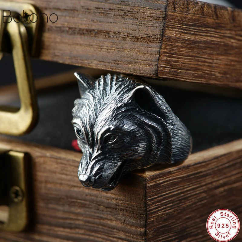 

100% Real S925 Sterling Silver Wolf Head Open Ring for Men women Gift Vintage Thai Silver Punk Animal Ring Jewelry free delivery