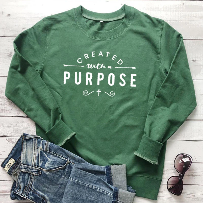 Spring Created with A Purpose Sweatshirt Funny Cotton O-Neck Fashion Clothing Hoodies 100% Cotton Christian Faith Jumper Tops