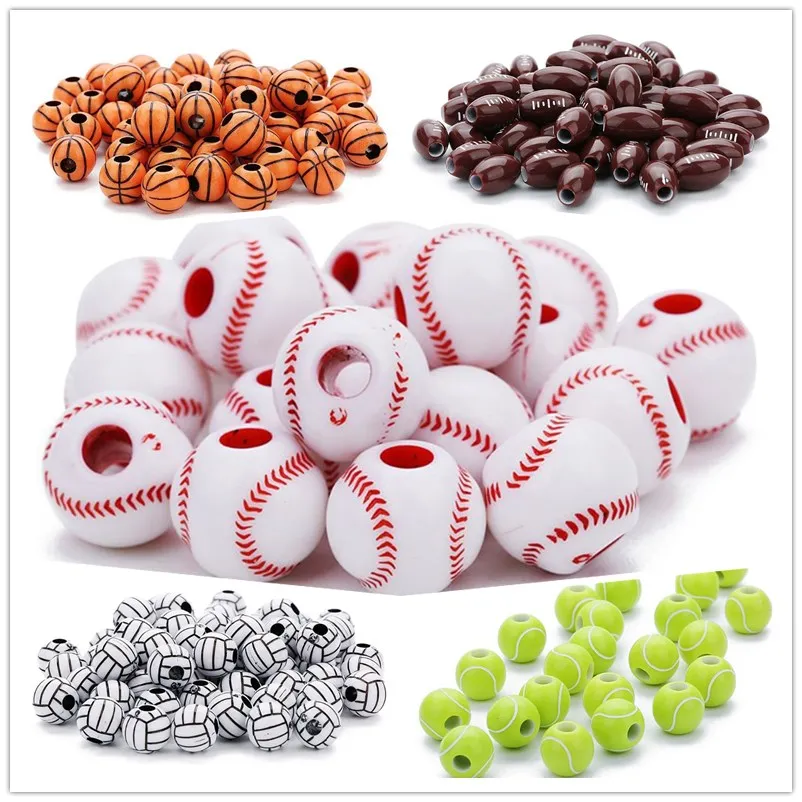 50pc/lot Football Baseball Basketball Tennis Acrylic Beads Sport Ball Spacer Beads Fit For Bracelet Necklace Diy Jewelry Making