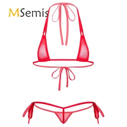 Womens Bikini Swimsuit See-through Mesh Strappy Micro Bikini Set Triangle Swimwear Bathing Suit for Beach Sunbath Swimming Pool