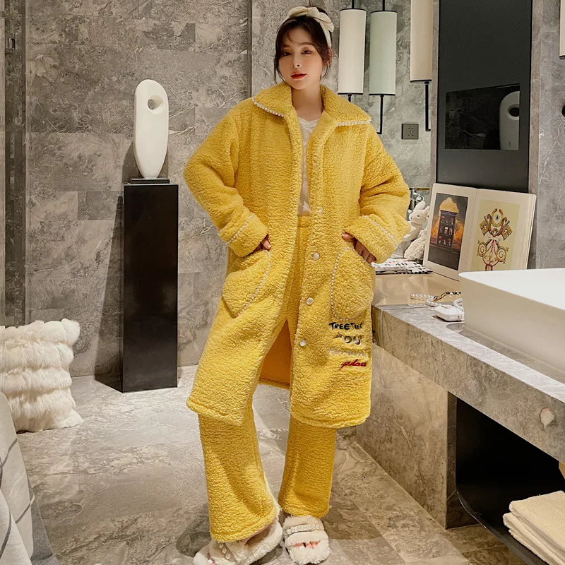 Embroidery Letter Pajamas Set Flannel Sleepwear Lady 2PCS Robe&Pants Winter Warm Pyjamas Loungewear Casual Lingerie Home Wear