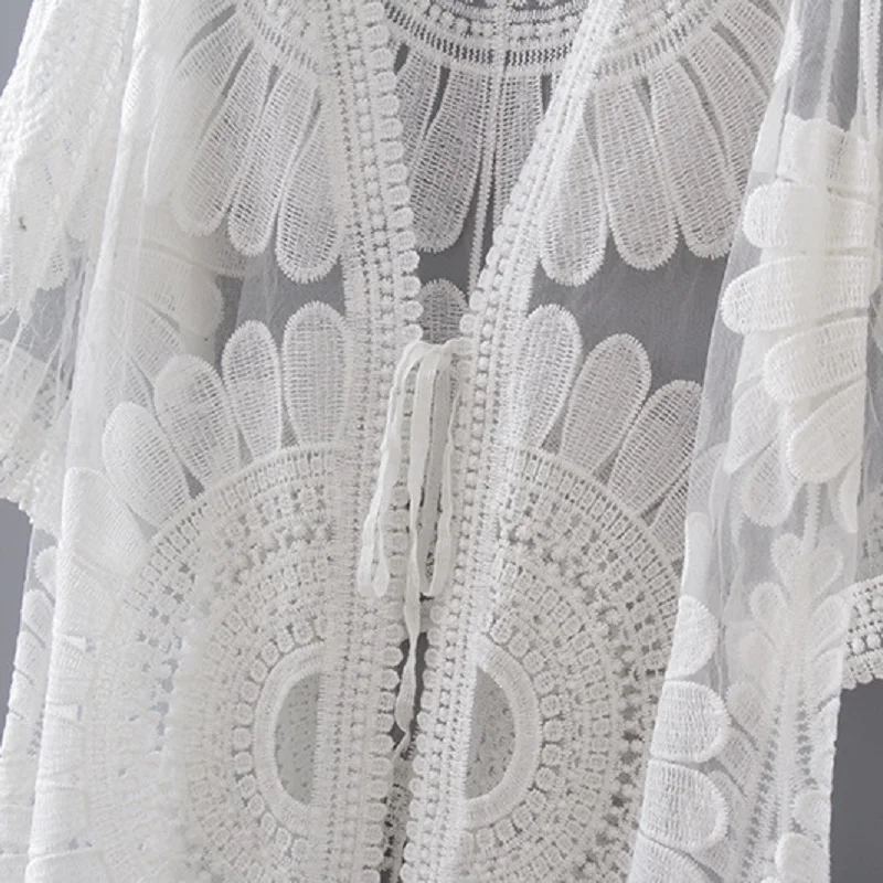 Lace Hollow Crochet Bikini Cover-Up Summer Beach Dress Women Bikini Swimsuit Cover Up Tops White Tunic Shirt Beachwear Outfits