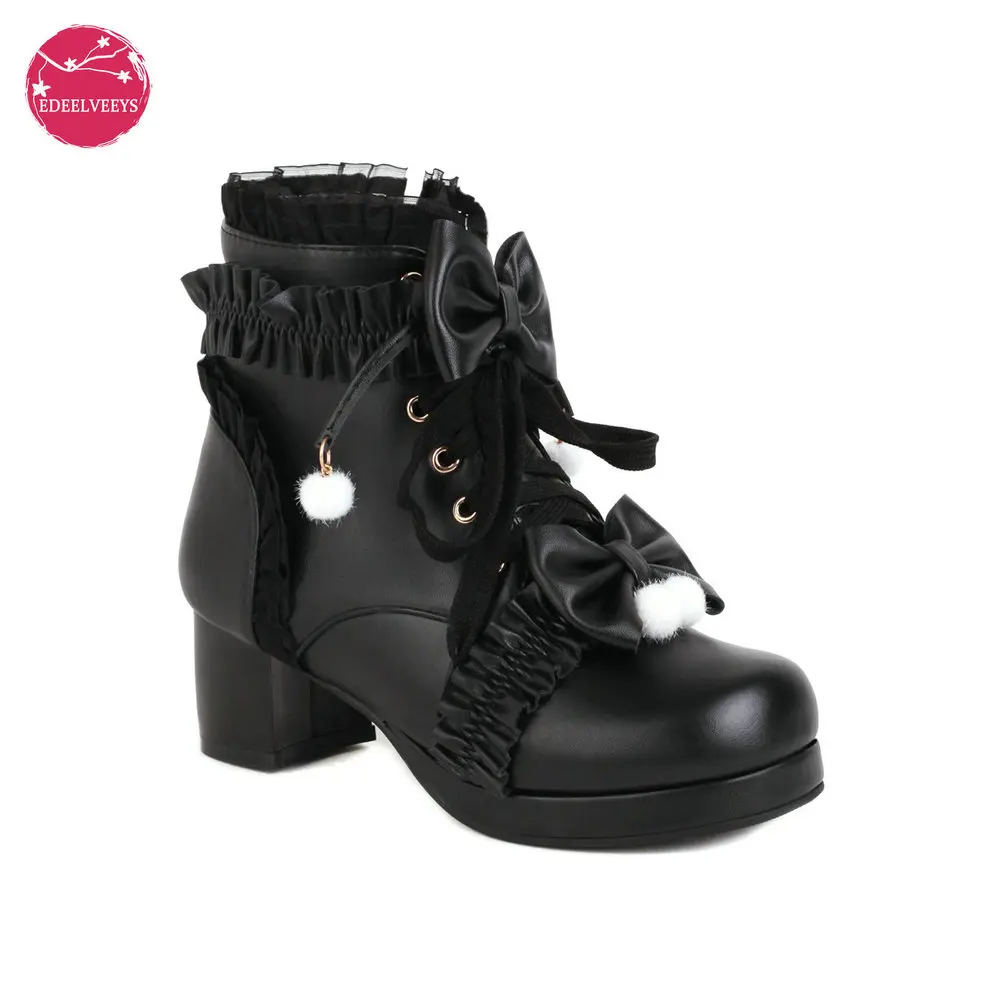 EDEELVEEYS słodkie Bowknot Ruffles Med obcasy Shoelace Gothic Lolita Style botki w japońskim stylu Harajuku kobiet buty duży rozmiar 43