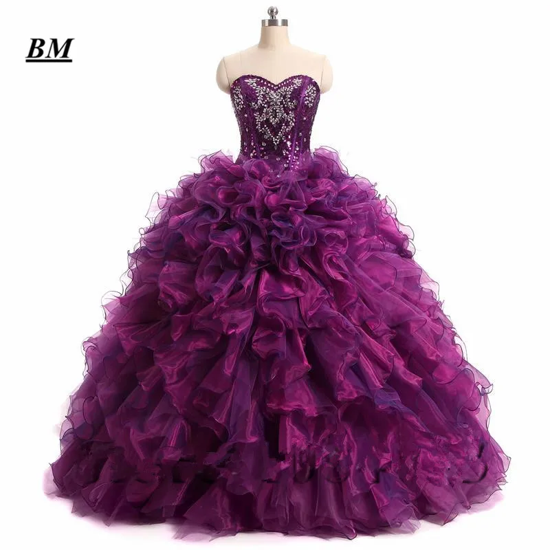 BM 2021 Stock Purple Quinceanera Dresses Ball Gown Beaded Sweet 16 Dresses Formal Prom Party Gown Vestido De 15 Anos BM60