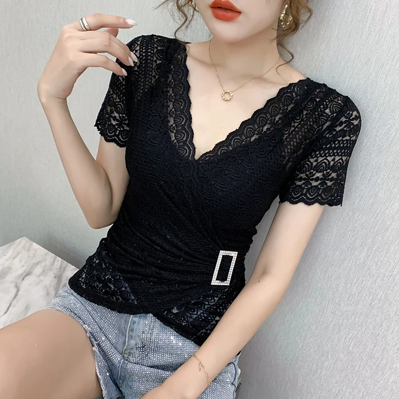 New Arrivals Women Hollow Out V-neck Lace Tops 5XL Summer Short Sleeve Women Blouse Shirt Lace Tops Blusas