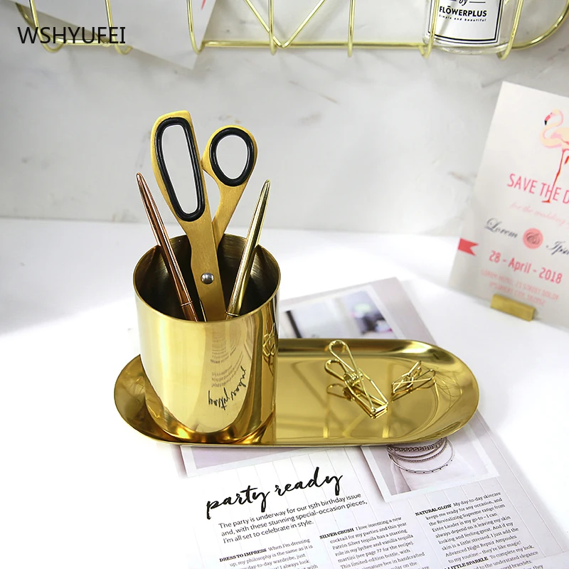 WSHYUFEI Golden storage tube cosmetic storage bucket jewelry decoration pen holder makeup brush storage box home office supplies