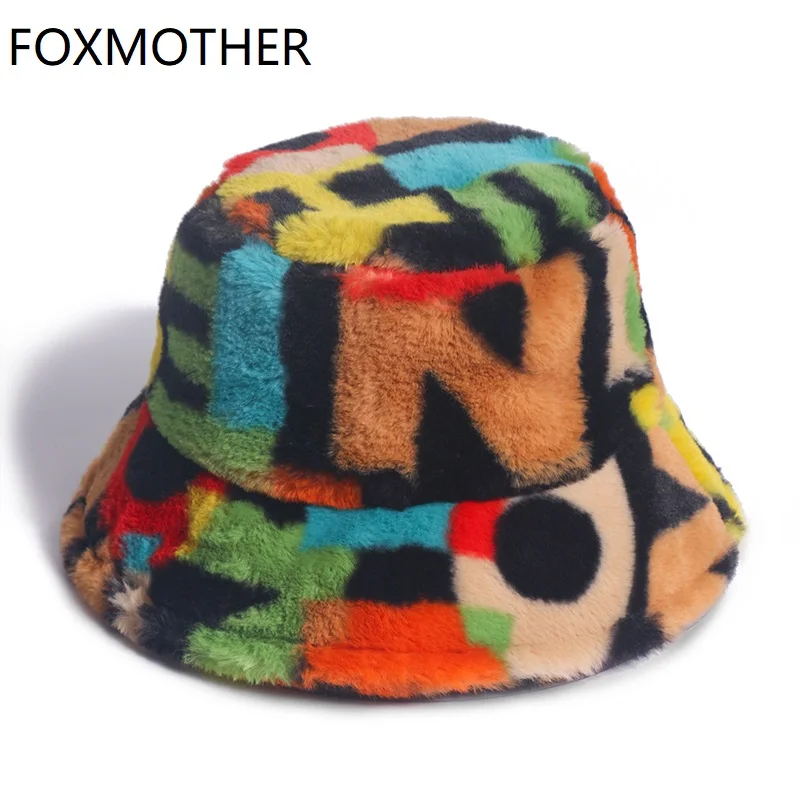 FOXMOTHER New Outdoor Multicolor Rainbow Faux Fur Letter Pattern Bucket Hats Women Winter Soft Warm Gorros Mujer