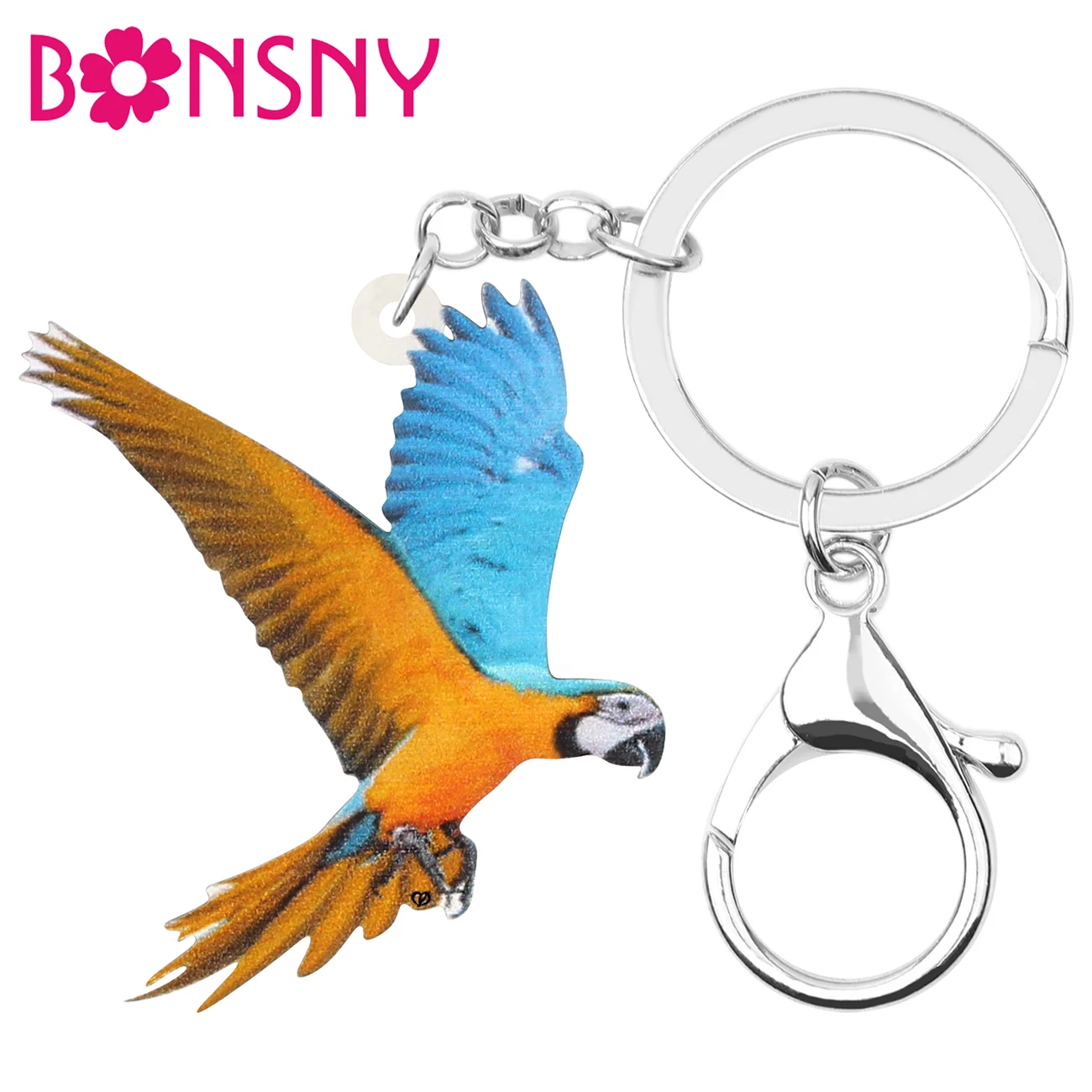 Bonsny Acrylic Macaw Parrot Keychains Printing Cute Animal Bird Keyring Jewelry For Women Kids Girls Fashion Gift Bag Decoration