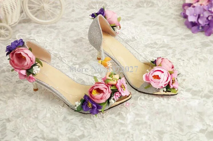 Wedding Party Dress Shoes Beautiful Pink Flowers Decor Woman silver high heel pointed toe sexy pumps slip-on female single shoes