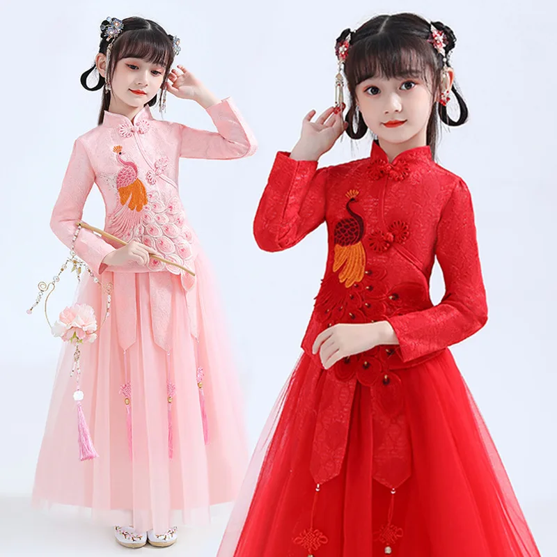 2PCS Flower Girls dresses Cute kids dresses girls Chinese cheongsam Baby elegant clothes Traditional Chinese garments for Child