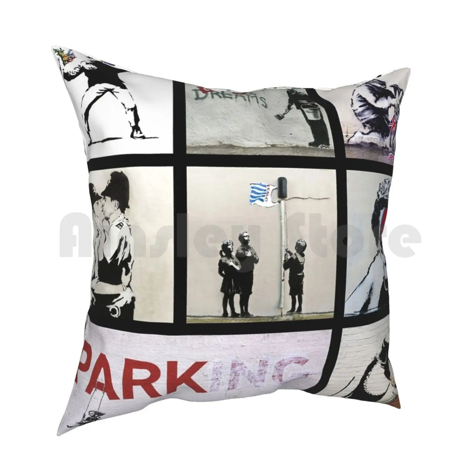 Banksy Montage 01 | Various Banksy Artworks Pillow Case Printed Home Soft Throw Pillow Banksy Art Banksy Graffiti Street